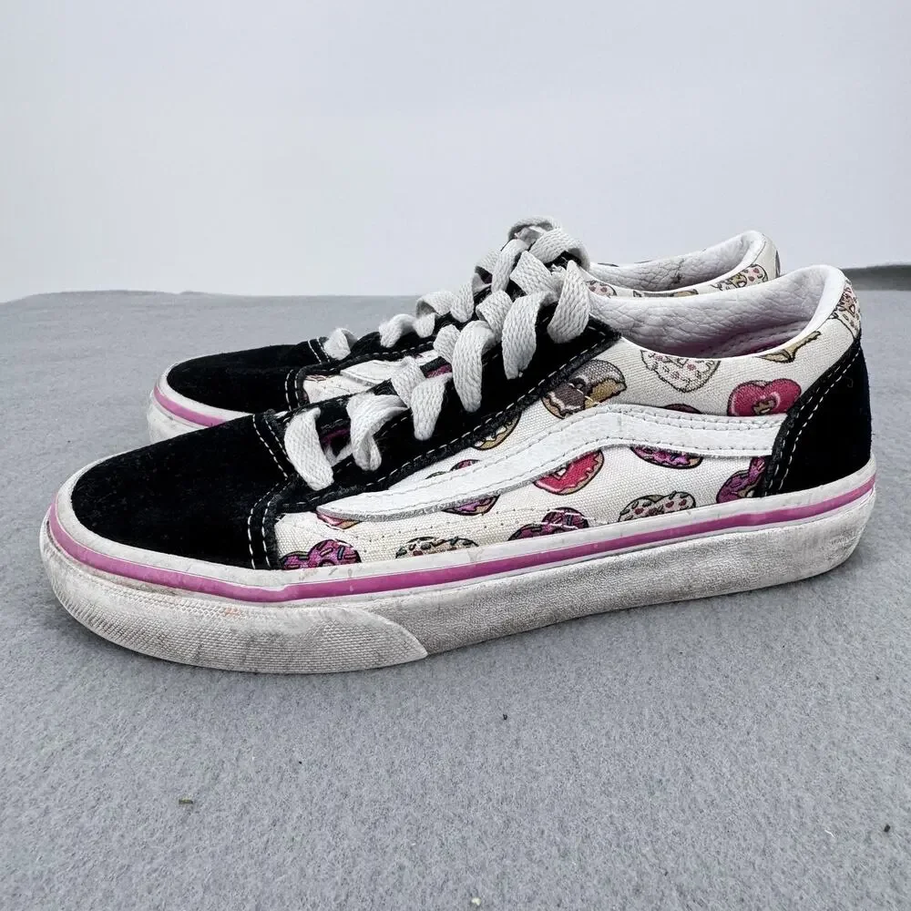 Vans Old Skool Shoes Kids Size 1 Donut Print Black White Pink Low‎ Top Canvas